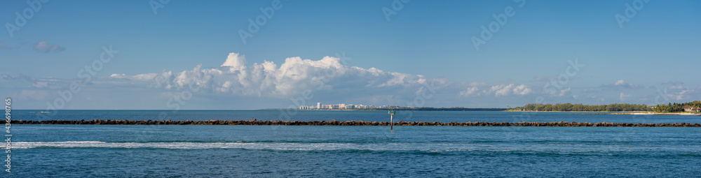 Panoramic photo Jetty rock barrier Miami Beach view of Key Biscayne