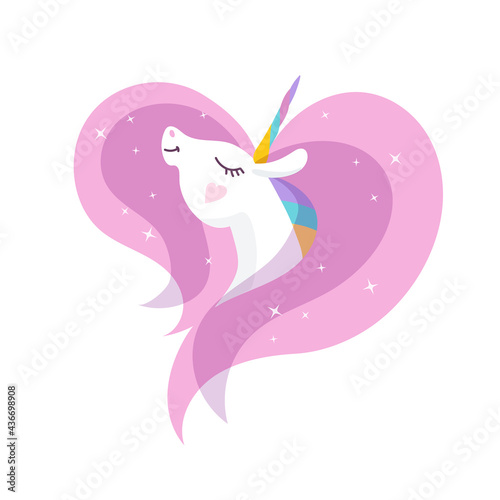 PrintVector unicorn. White unicorn's head with magic horn, rainbow mane, big eyes. Cartoon pony, horse in pink heart, isolated on white background. Cute design for t-shirt, fabric, print, seamless pat