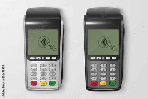 Vector 3d Realistic Silver, Black Payment Wi-Fi Machine Set. POS Terminal Closeup Isolated. Approved Payment. Design Template, Bank Payment Terminal, Mockup. Processing NFC Payments Device. Top View