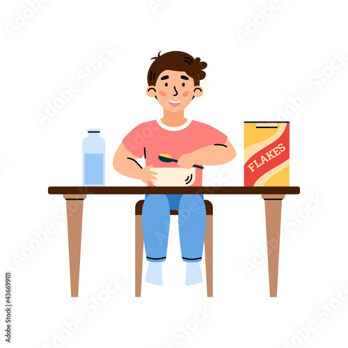 Child boy eats cereal flakes for breakfast, cartoon vector illustration isolated.