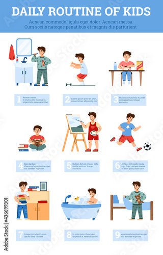 Daily routine of kids infographic with child boy, cartoon vector illustration.
