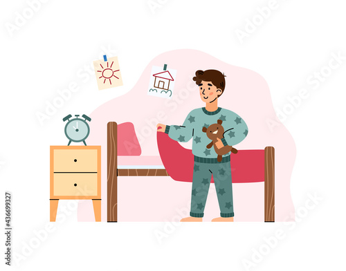 Little boy in pajama standing next to bed, cartoon vector illustration isolated.
