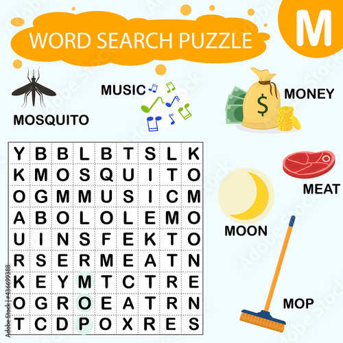 Vector educational game for kids. A puzzle for finding words starting with the letter M
