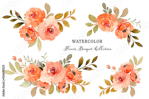 Watercolor orange rose flower bouquet collection