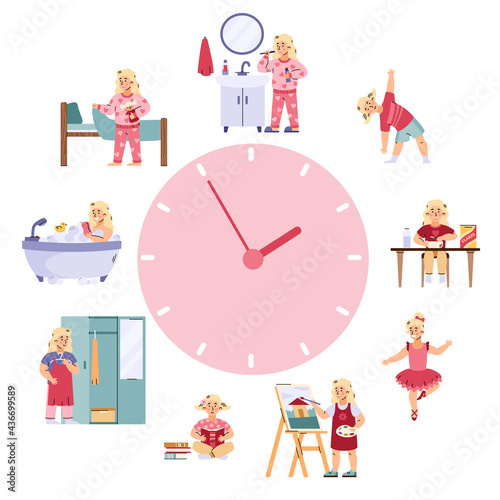 Schedule of daily routine for cute kid girl a vector flat cartoon illustration