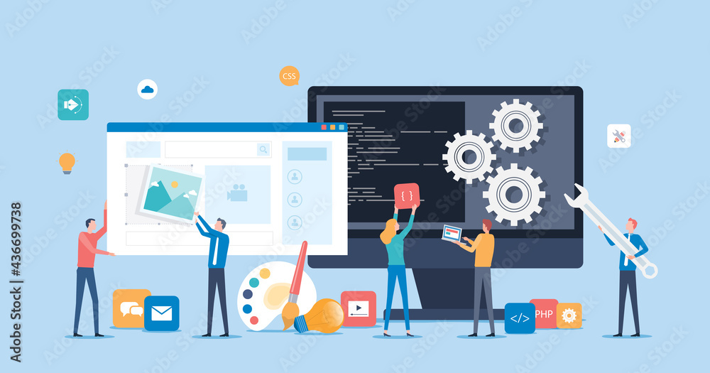 web design and mobile application design process concept with designer and developer team working concept