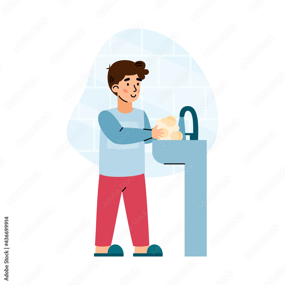 Little boy washing his hands with soap, cartoon vector illustration isolated. Little boy washing his hands with soap, cartoon vector illustration isolated.
