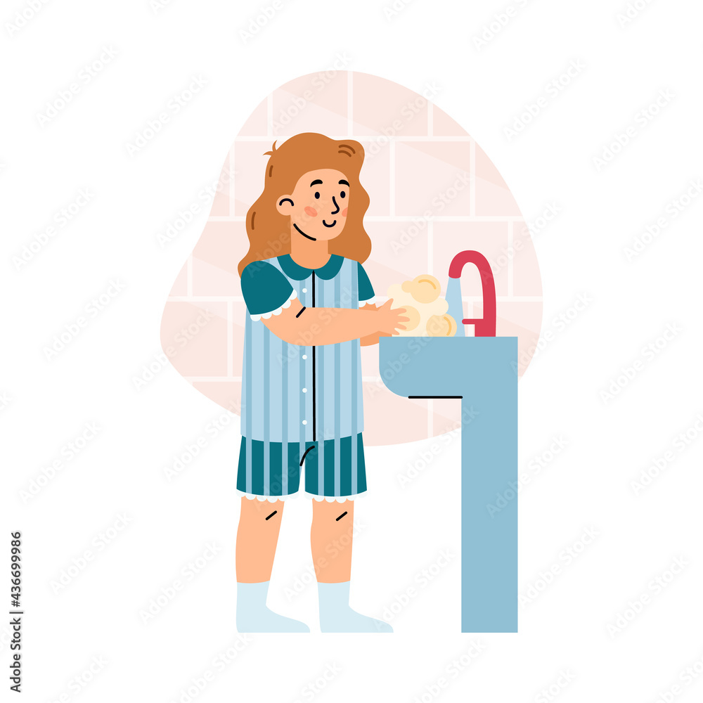 Cute young child girl washing hands with water and soap in sink at bathroom. Cute young child girl washing hands with water and soap in sink at bathroom.