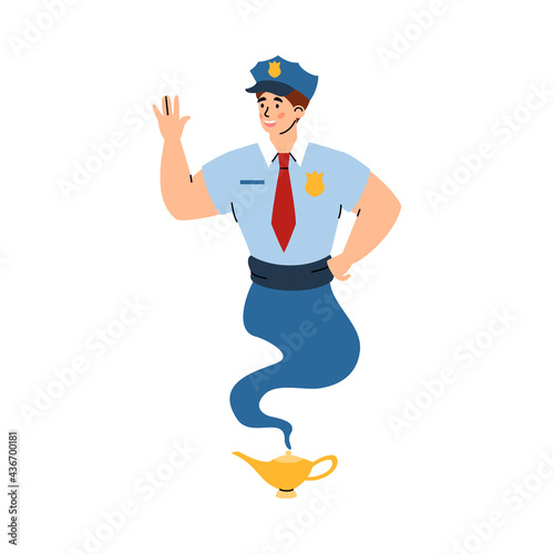 Professional pilot looking like genie, cartoon vector illustration isolated.