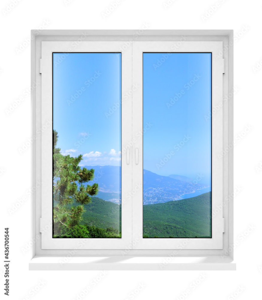 New closed plastic glass window frame isolated on the white background model. 3d illustration. New closed plastic glass window frame isolated on the white background model. 3d illustration.
