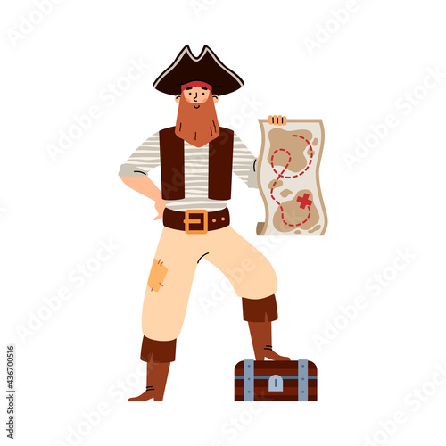 Bearded pirate with map and treasure chest, cartoon vector illustration isolated.