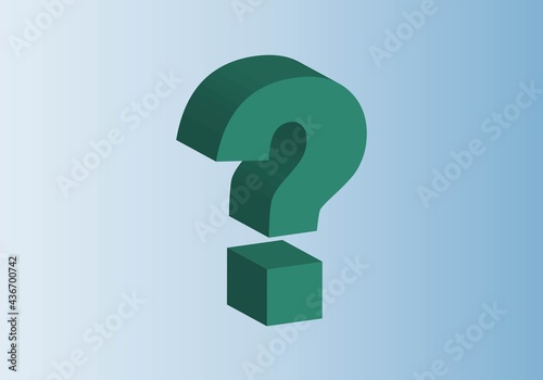 Duda, interrogante, incertidumbre, pregunta, símbolo de interrogación en 3D en verde sobre fondo cielo
