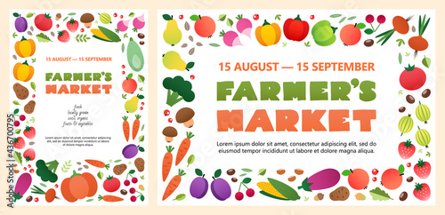 Farmer's market poster template collection. Two colorful backgrounds made of vegetables and fruits drawn in a flat style. Vector 10 EPS.