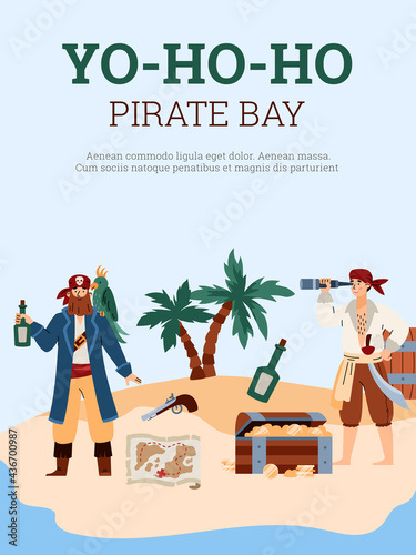 Pirate bay party or quest banner with cartoon people flat vector illustration.