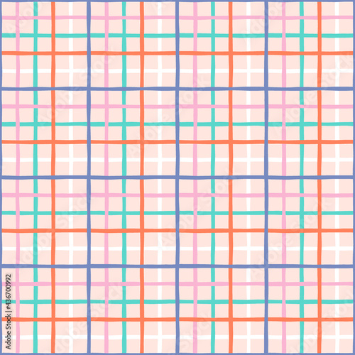 Crossing lines hand drawn vector seamless pattern. Checkered geometrical vibrant coloured texture. Colourful plaid background. Abstract backdrop wallpaper textile design