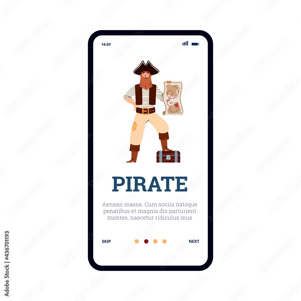 Onboarding screen of mobile app with funny pirate, cartoon vector illustration. Onboarding screen of mobile app with funny pirate, cartoon vector illustration.