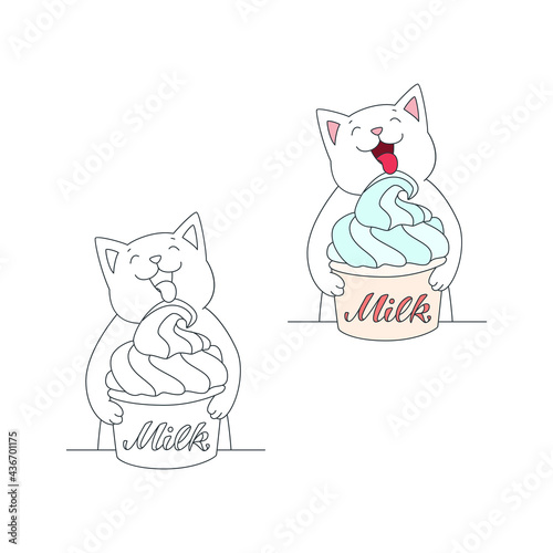 Happy cat with an ice cream. Cute illustration of a white cat enjoying an ice cream in a cup. Vector 10 EPS.