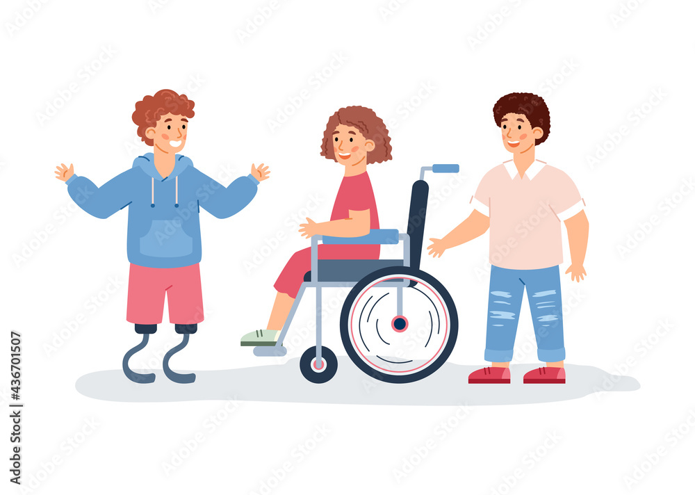 Special needs disabled children and friends, flat vector illustration isolated. Special needs disabled children and friends, flat vector illustration isolated.