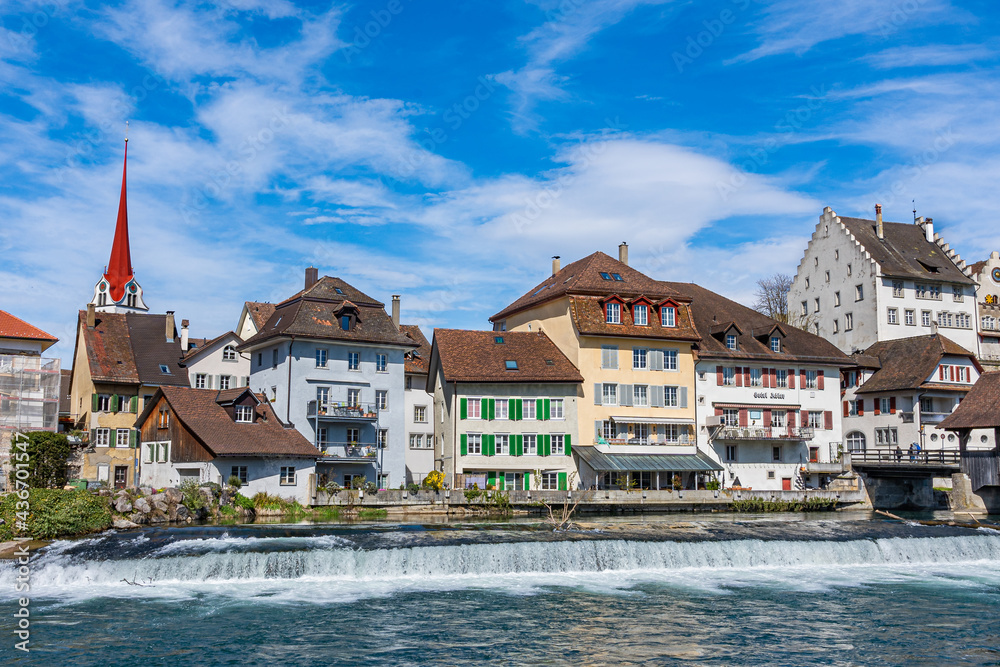 View of the small town Bremgarten and Reuss river at sunshine