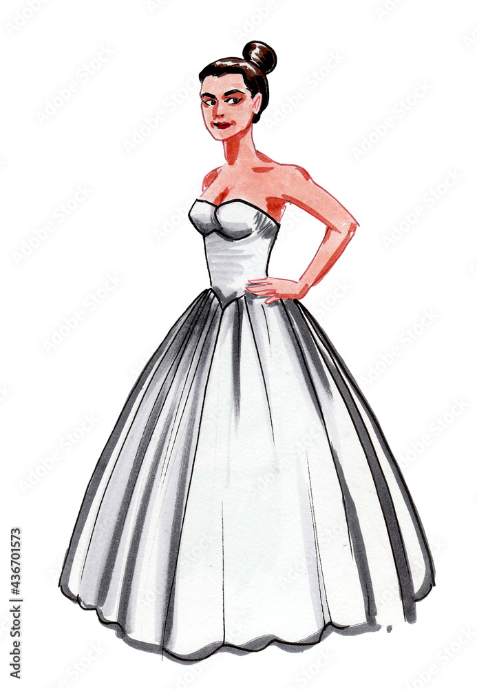 Beautiful lady in wedding dress. Ink and watercolor drawing
