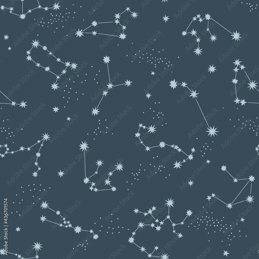 Fototapeta premium Starry night sky vector seamless pattern. Astrological consternation background. Zodiac star sign Milky Way space print design.
