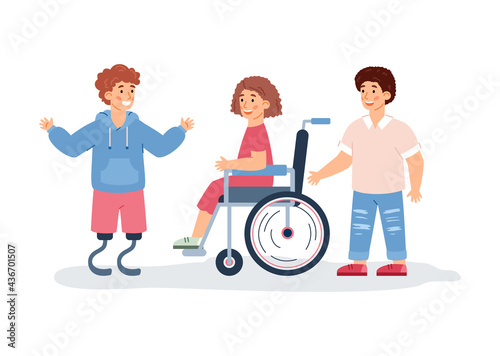 Special needs disabled children and friends, flat vector illustration isolated.