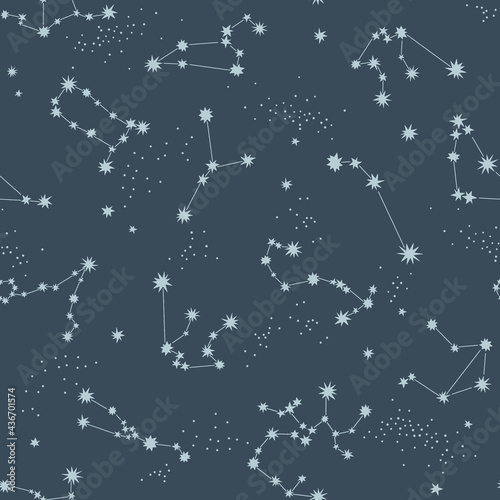 Starry night sky vector seamless pattern. Astrological consternation background. Zodiac star sign Milky Way space print design.