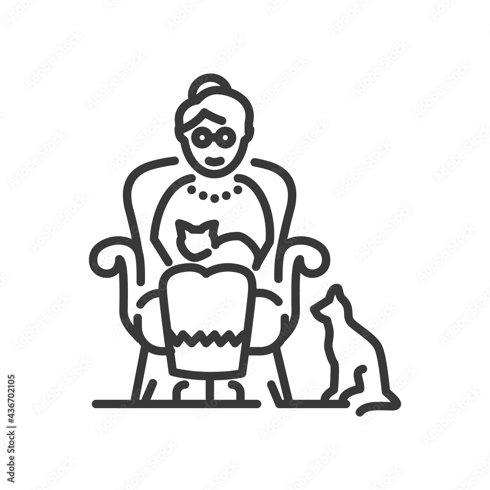 Senior woman with pets - line design single isolated icon Senior woman with pets - line design single isolated icon