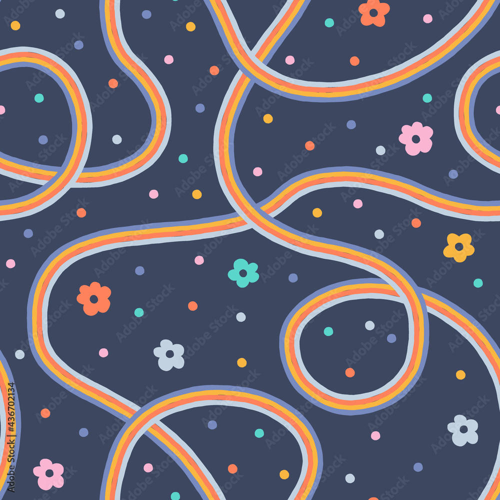 Rainbows and flowers vector seamless pattern. Groovy coloured lines simple daisy floral dots background. Modern positive childish hippie decorative print design. 