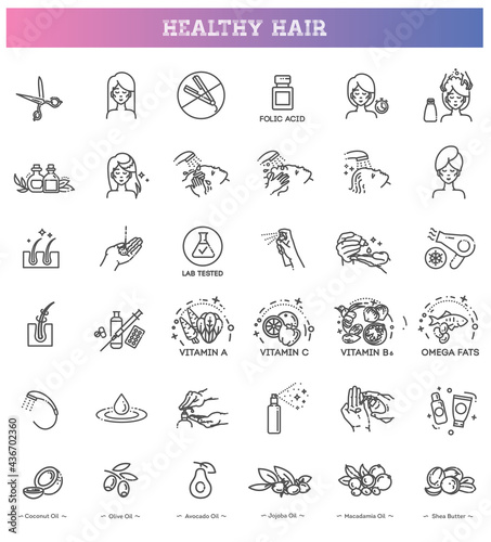 Hair treatment line icon set. Hair strengthening and growth