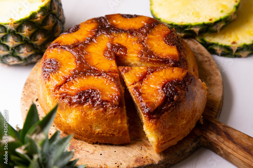 Inverted pineapple cake with sponge cake and caramel. photo
