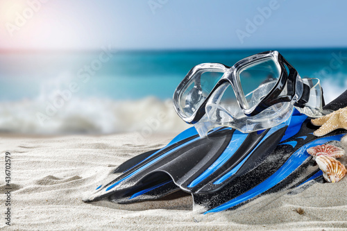 Diving fins on the shore of the blue sea 