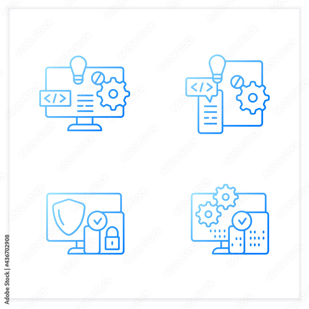 Cross platform gradient icons set. Software and hardware platform, security, programming. Digitalization concept.Isolated vector illustration.Suitable to banners, mobile apps and presentation Cross platform gradient icons set. Software and hardware platform, security, programming. Digitalization concept.Isolated vector illustration.Suitable to banners, mobile apps and presentation