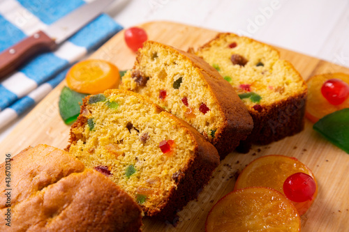 Sant Joan sponge cake with candied fruit. Traditional Spanish dessert to celebrate summer. photo