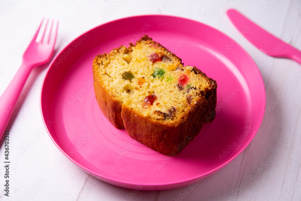 Sant Joan sponge cake with candied fruit. Traditional Spanish dessert to celebrate summer. Sant Joan sponge cake with candied fruit. Traditional Spanish dessert to celebrate summer.
