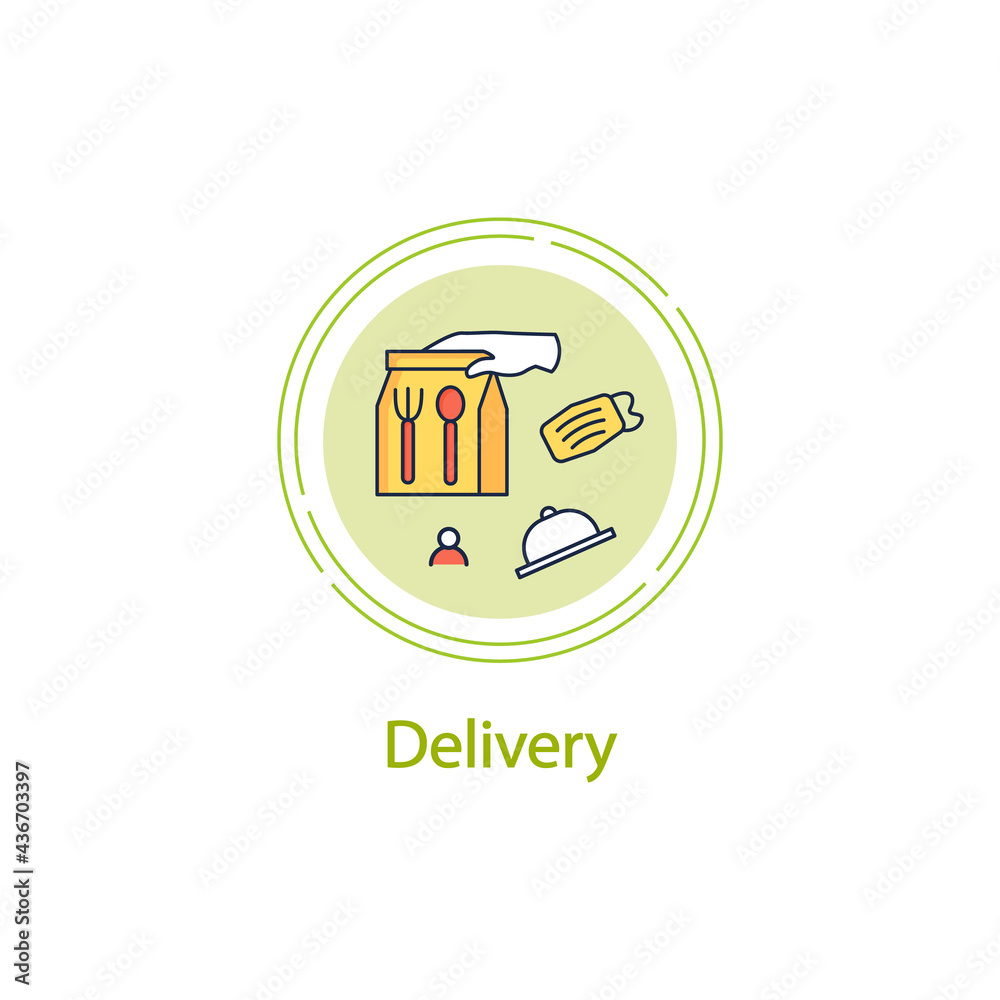 Delivery concept line icon. Take-out from restaurants.Gloved hand gives food. Online order. Regulation through covid19. Restaurants new normal.Vector isolated conception metaphor illustration