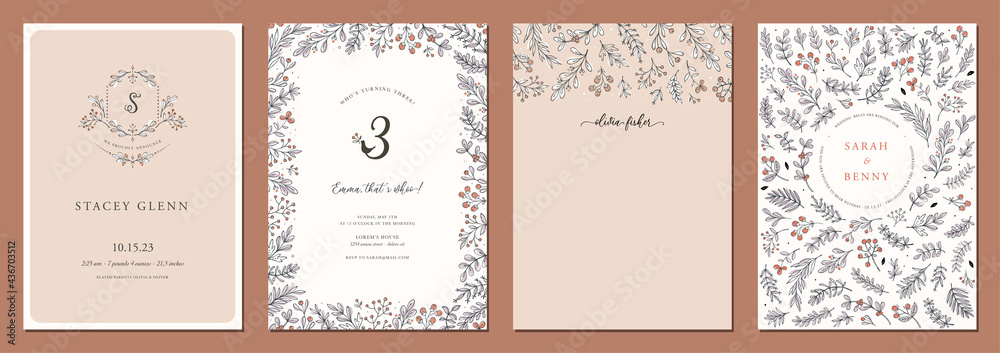Modern universal artistic templates. Wedding and birthday invitations and corporate Holiday cards. Floral frames and backgrounds design.