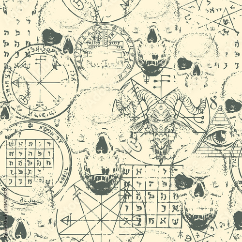 Abstract seamless pattern with goat head, human skulls, esoteric and occult symbols on an old paper backdrop. Hand-drawn vector background on theme of satanism, black magic, occultism in grunge style © paseven