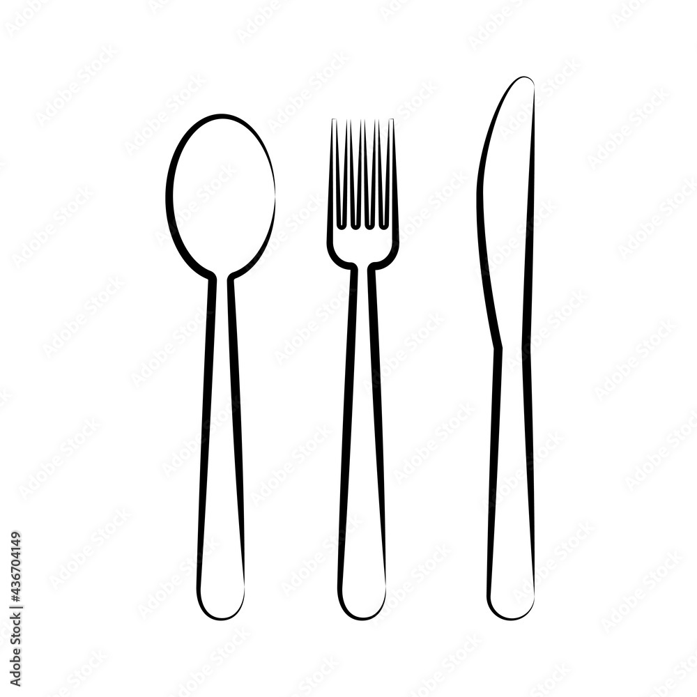 Spoon, knife and fork. Kitchen tools icon set. Line art. Vector isolated illustration on white background Spoon, knife and fork. Kitchen tools icon set. Line art. Vector isolated illustration on white background