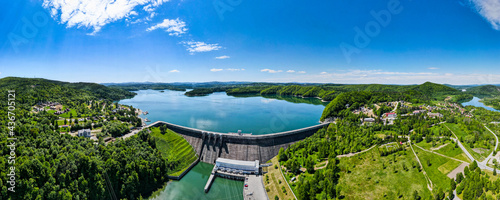 Hydroelectric Power Plant at Solina Lake. Solina Dam in Poland. Renewable Energy Hydropower. Drone Panorama
