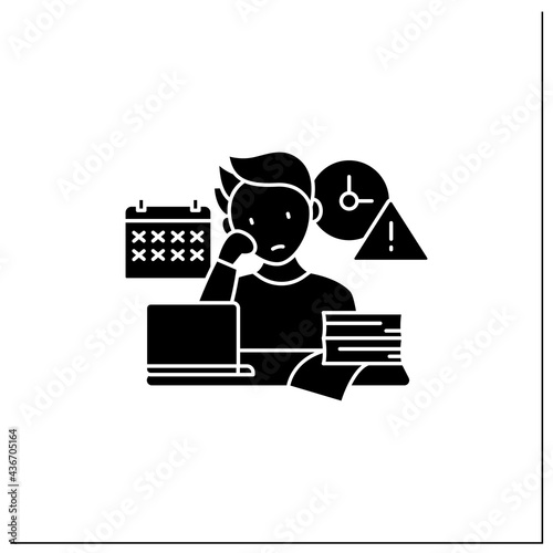 Delaying deadlines glyph icon.Schedule gets out. Task execution delay.Postpone unpleasant tasks for later. Procrastination concept.Filled flat sign. Isolated silhouette vector illustration