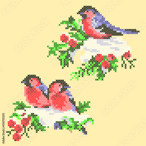 vector art cross stitch bullfinch