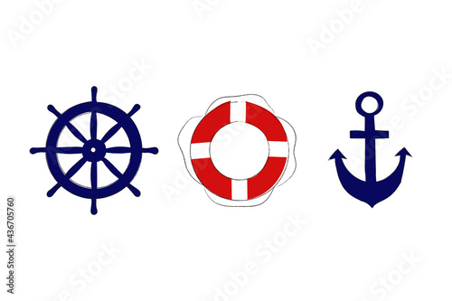 Set of hand drawn life bouy, rudder and anchor isolated on white background