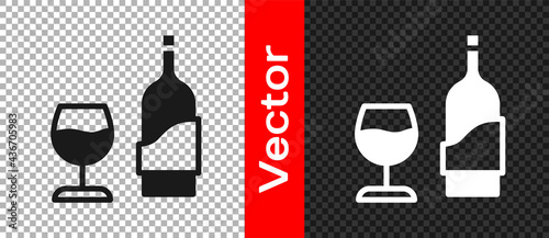 Black Wine bottle with glass icon isolated on transparent background. Vector