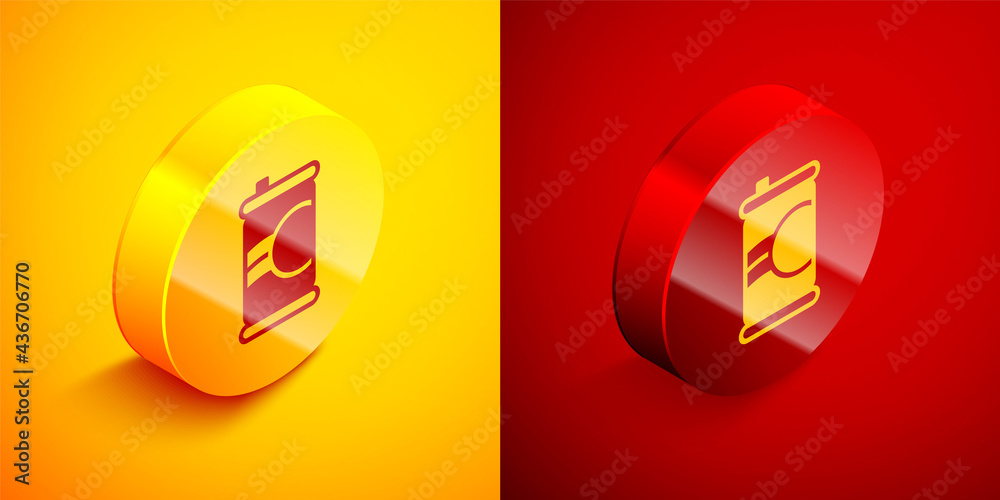 Isometric Soda can icon isolated on orange and red background. Circle button. Vector Isometric Soda can icon isolated on orange and red background. Circle button. Vector