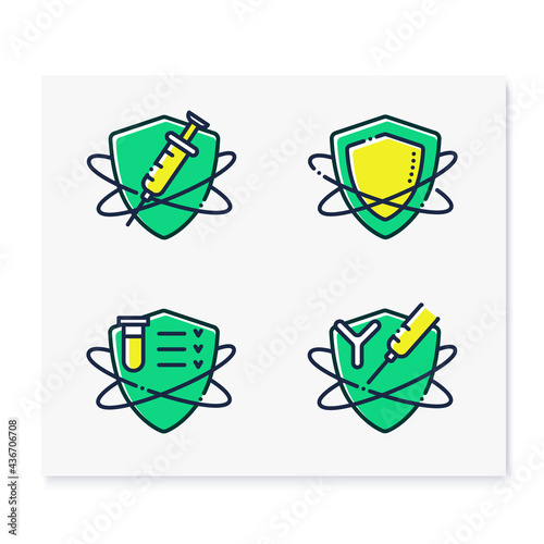 Immune system color icons set. Immunology concept. Immunization, immunity system test, immunoglobulin. Health, immunity, disease prevention. Isolated vector illustrations. Editable stroke