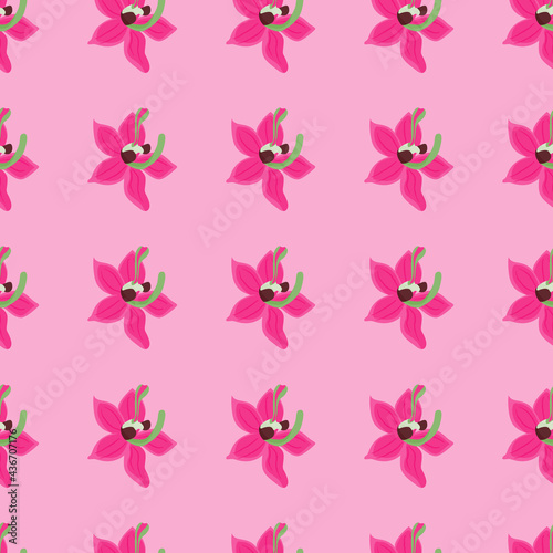 Bright summer seamless pattern with pink orchid flowers elements. Pastel background. Hand drawn print.