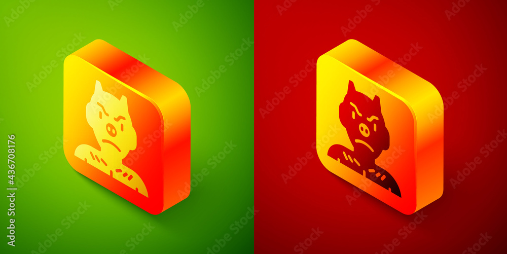 Isometric Krampus, heck icon isolated on green and red background. Horned devil. Traditional Christmas devil. Happy Halloween party. Square button. Vector