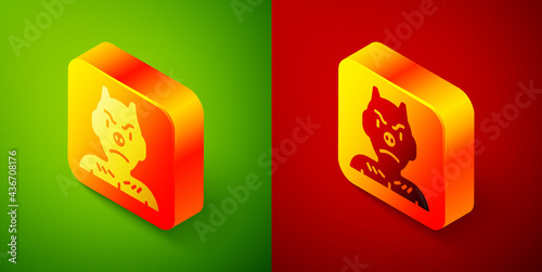 Isometric Krampus, heck icon isolated on green and red background. Horned devil. Traditional Christmas devil. Happy Halloween party. Square button. Vector