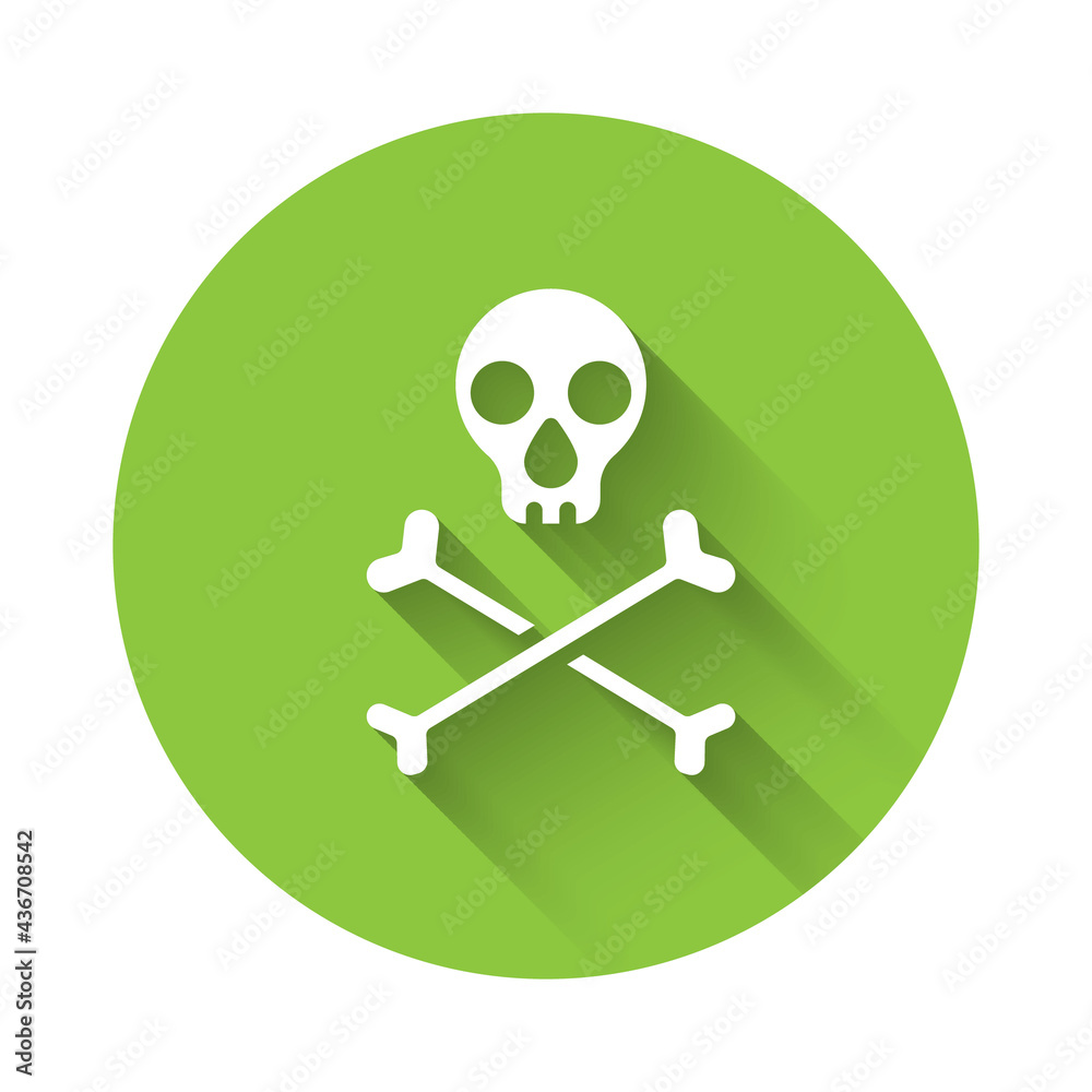 White Skull on crossbones icon isolated with long shadow. Happy Halloween party. Green circle button. Vector White Skull on crossbones icon isolated with long shadow. Happy Halloween party. Green circle button. Vector